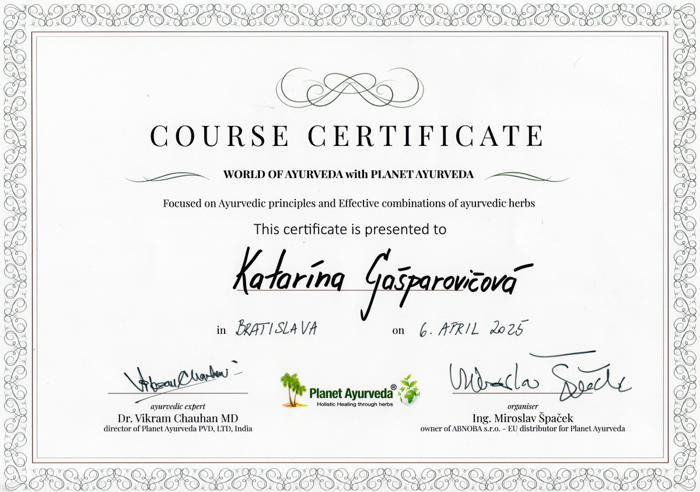 Certifikat Planet Ajurveda