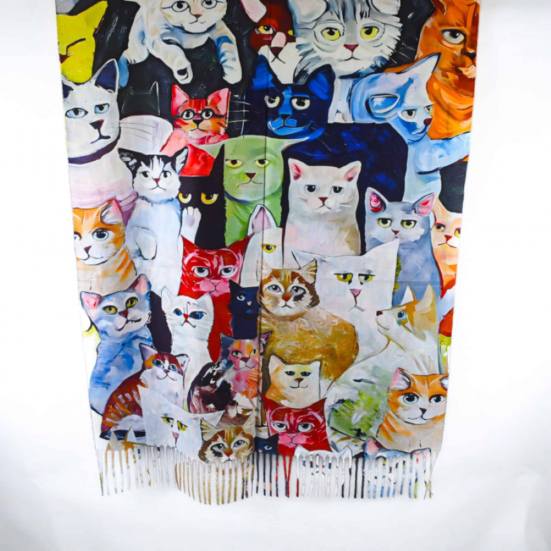 Šál dvojstranný s motívmi "Mačky / Makové kvety"