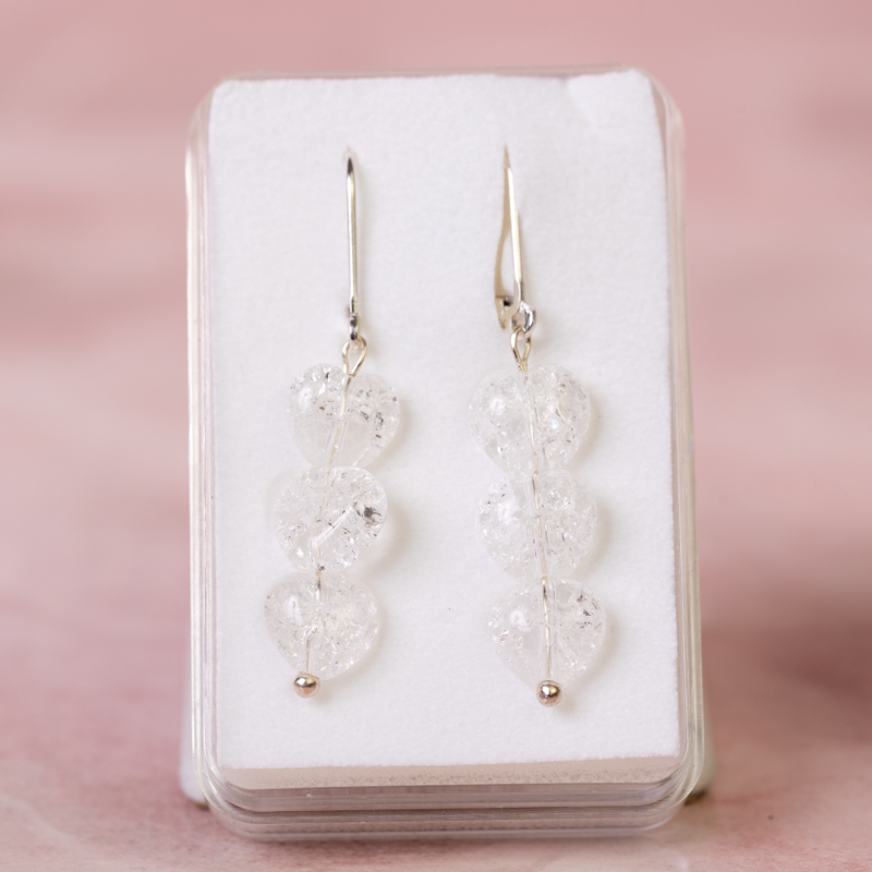 Náušnice Krištáľ pukaný, 3x srdiečko, striebro